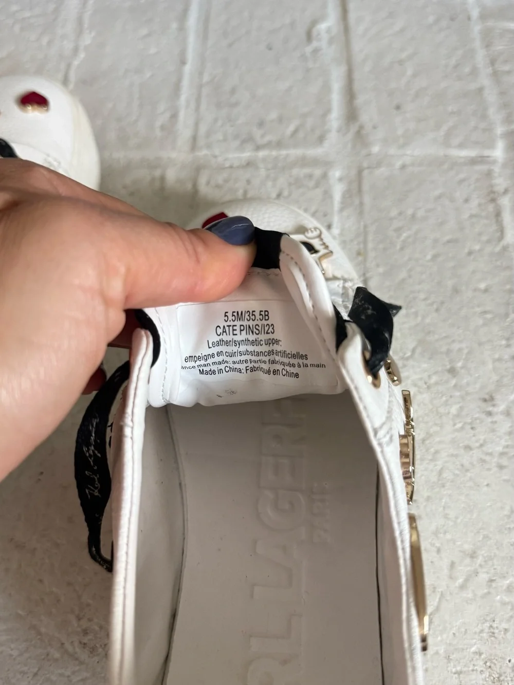 Karl Lagerfeld Paris Cate Pins Leather Sneakers White Charms US 5.5 EU 35.5